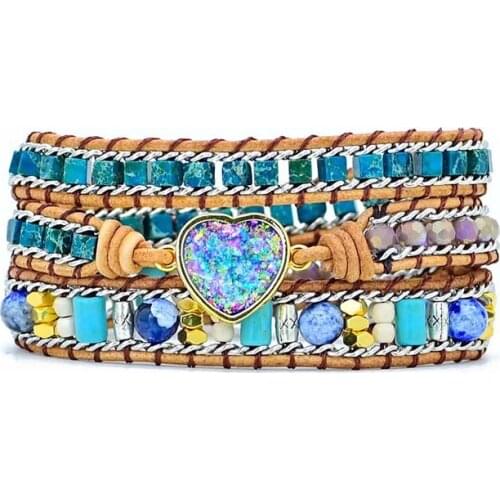 Energy Opal Bracelet Heart Charm Hand Woven Multi-layer Leather Bracelet Light of Life Totem Bracelet Natural Stone Bracelet