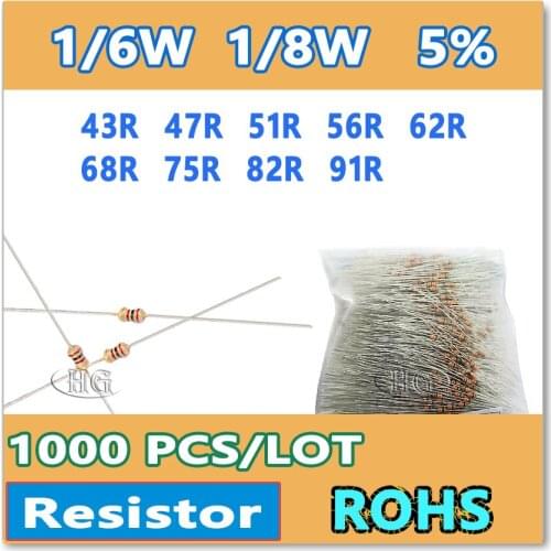 JASNPROSMA 1000PCS/LOT 5% 1/6W 1/8W 43R 47R 51R 56R 62R 68R 75R 82R 91R carbon film DIP OHM New goods Color ring Resistor
