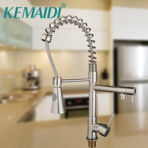 KEMAIDI Kitchen Mixer Taps Double Water Spout Single Handle Hole Nickel Brush Faucet Hot and Cold Water Taps