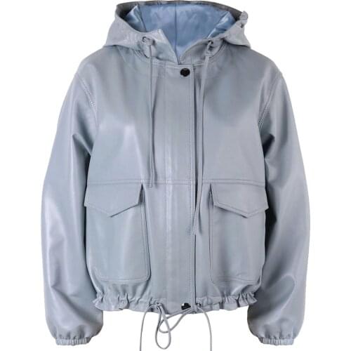 YOLOAgain Women Genuine Leather Jacket Ladies Oversized Batwing Sleeve Hooded Leather Coat