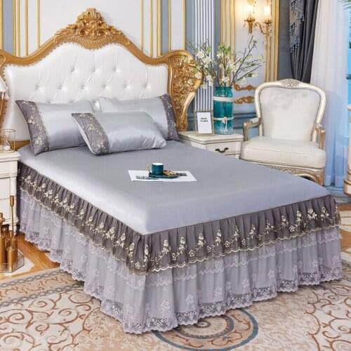 Summer Pure Color Bed Skirt Viscose Fiber Mat Three-Piece Set of Summer Sleeping Mat Lace Bedspread-Style Machine Washable