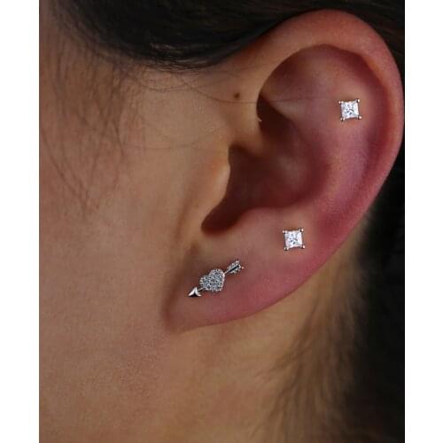 Minialist Tiny Iced Out Heart And Arrow Studs 925 Sterling Silver Delicate Earrings Paved 5A Cz for Women Wedding Gift