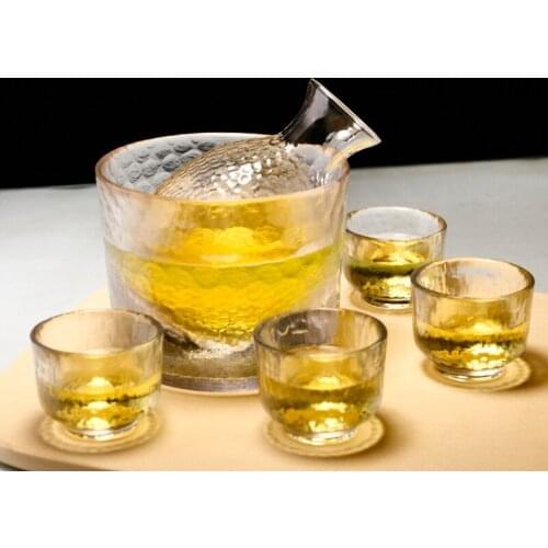 2020 New Japanese-style Hammer Pattern Transparent Glass Sake Pot Set Crystal Creative Handmade Wine Set Flagon & Cups 5pcs/set