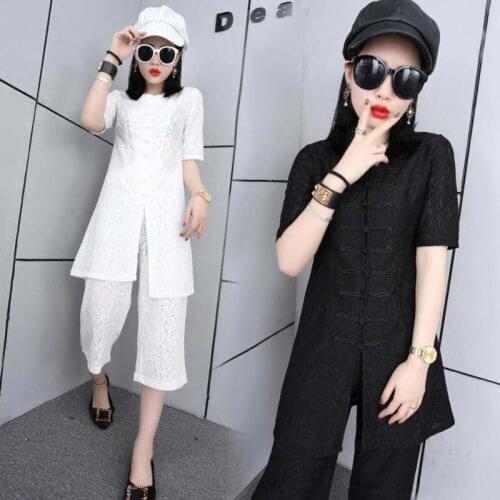 2020 summer womens new Korean version lace suit female mid-length coat eight-point wide-leg pants two-piece female mm