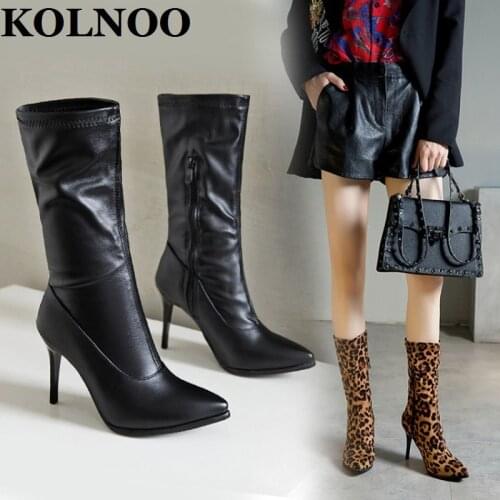KOLNOO New Arrival Handmade Womens High Heels Boots Pointed-Toe Midcalf Martin Booties Evening Party Fashion Winter Short Shoes
