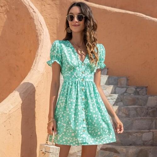 Elegant Women Puff Sleeve V-neck Floral Print Mini Dress Summer Casual Slim High Waist Button Decor Fashion Beach Sundress Femme