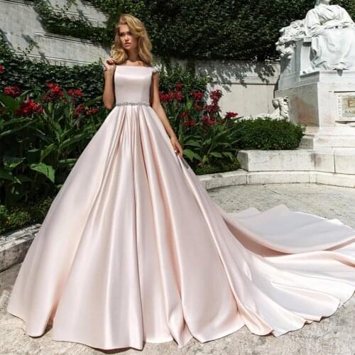 Luxury Matte Soft Satin A-line Wedding Dresses O Neck Diamond Belt Sweetheart Gowns 50cm Train Zipper