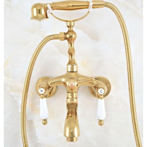 Luxury Polished Gold Color Brass Bathroom Wall Mounted Clawfoot Tub Faucet Taps Set With Hand Held Shower Head Spray mna811