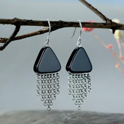 S925 Silver Earring personalized retro wind triangle Black Agate tassel earphone female long silver fashion earrings