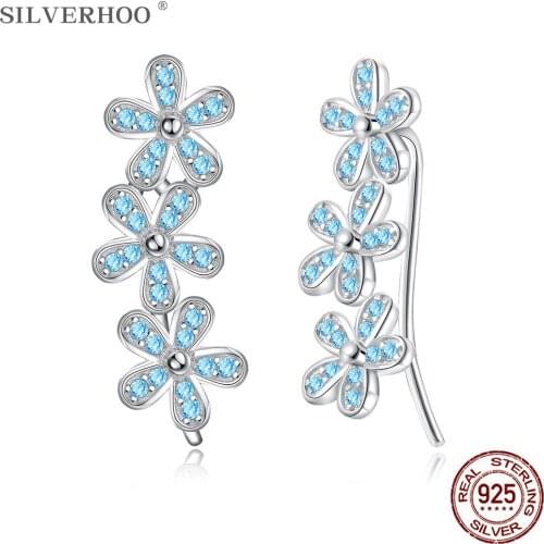 SILVERHOO Flower Earrings For Women 925 Sterling Silver Shining Blue Cubic Zirconia Stud Earring Fine Jewelry Anniversary Gift