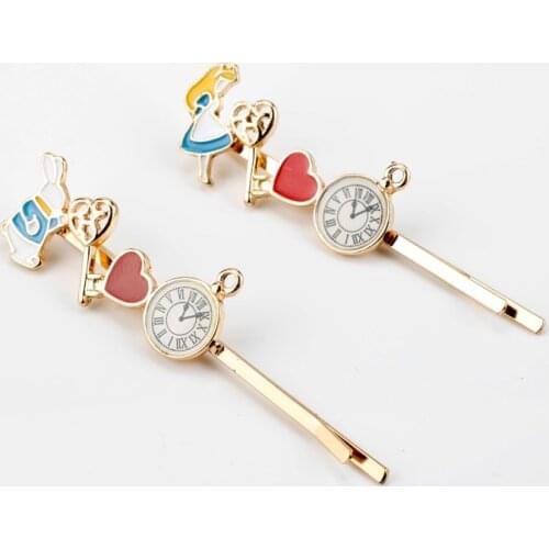 Cute Anime Alice Wonderland Animal Enamel Hairpins Lovely Princess Rabbit Bunny Clock Hair Clips Women Girl Hair Accessories