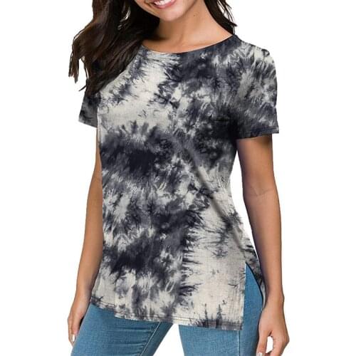 Summer Tie-dye O-neck Womens T-shirt Loose Casual Side Slit Short Sleeve Tees Woman High Quality Plus Size Women Tops 2021
