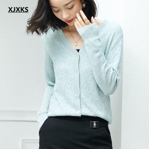 XJXKS 2021 spring autumn new fashion v-neck single-breasted thin cardigan women sweater high-quality wool knitted women jacket
