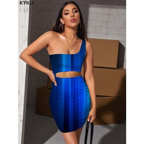 KYKU Brand Abstract Dress Women Psychedelic Vestido Sexy Dark Blue Pleating Harajuku Bodycon Dress Womens Clothing Plus Size