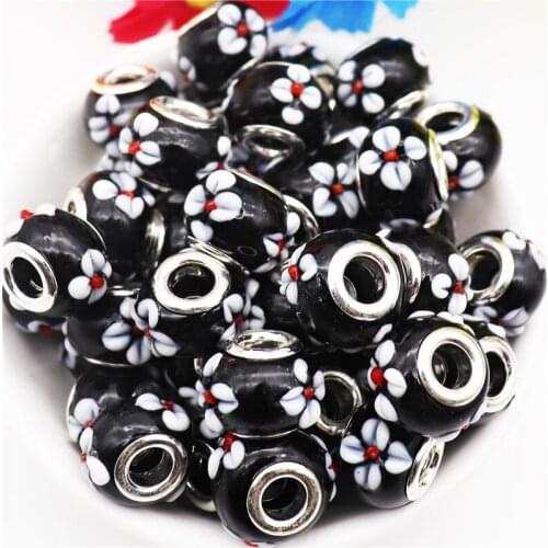 10 Pcs Color Black Blue Flower Big Hole Glass Beads Fit Pandora Charm Bracelet Bangle Snake Chain for Jewelry Making Accessories