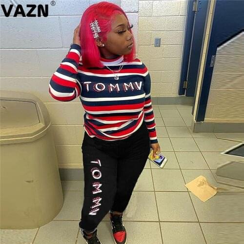 VAZN 2020 Top Quality Striped Overalls Free Casual Young Tracksuits Turtleneck Full Sleeve Long pants Slim Women 2 Piece Set