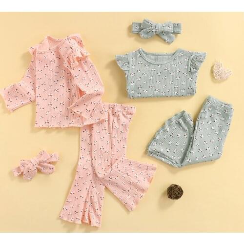 3PCS Autumn Sweety Toddler Girl’s Clothes Fashion Ruffle Flower Long Sleeve T-shirt and Trumpet Pants with Headband For Girls