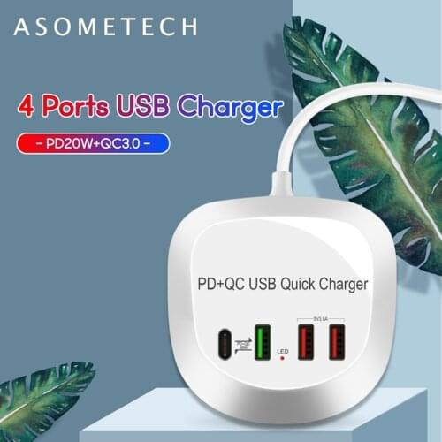 4 Ports USB Charger Hub 20W PD QC3.0 Quick Charge 3.0 Phone Charger Fast Charge Adapter Station For iPhone Xiaomi Samsung Huawei