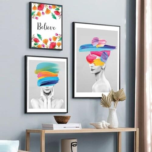 Beautyin Fashion Poster Colors Head Print Canvas Floral Believe Art Painting Seventrees Wall Picture Modern Girl Room Home Decor