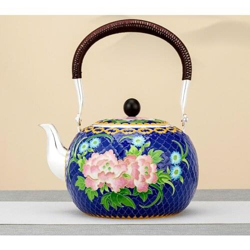 Pure Silver Tea Set 999 Cloisonne Silver Pot Pure Handmade Peony Chinese Palace Style Household Kettle