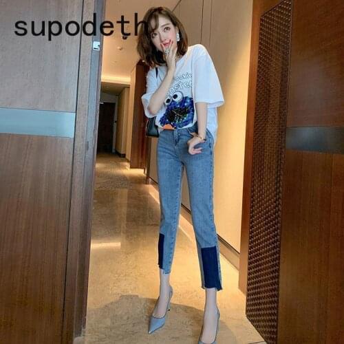 High Waist Plus Size Mom Color Block Patchwork Jeans Skinny Ladies Trousers Female Denim Jeans for Women Fall 2020 Ankle Length