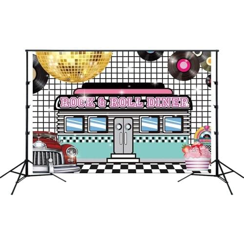 Rock & Roll Diner Backdrop Disco Fever Portrait Background 80s 70s Birthday Show Time Poster Decoration GLASS MIRROR BALL Banner