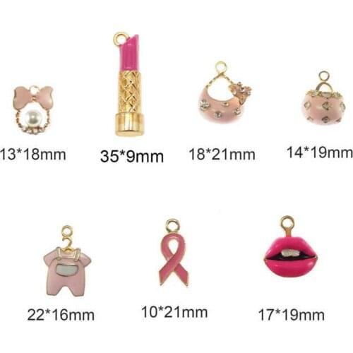 GraceAngie 8pcs Pink Enamel Shiny Gold Color Base Pendant Women Girl Purse Lipstick Bowknot Shape Mixed Charm for DIY Earring