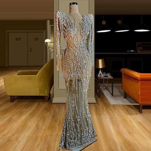 Kaftans Glitter Long Sleeves Mermaid Evening Dress Floor-Length Beaded Sequined Prom Dress Formal Dress Robe De Soiree Aibye