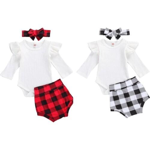 2020 Newborn 0-18M Baby Girls Autumn Outfit Set Solid Long Sleeve Romper+Plaid Shorts+Headband 3Pcs Fashion Set