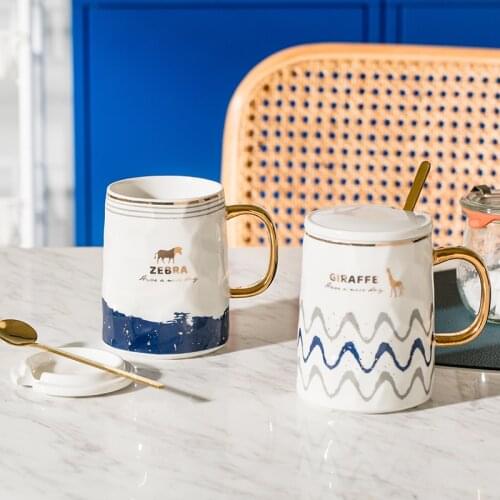 Golden Edge Water Cup With Lid Spoon Nordic Painted Large-Capacity Office Gold Handle Tea Cup Personalized Mug For Elders