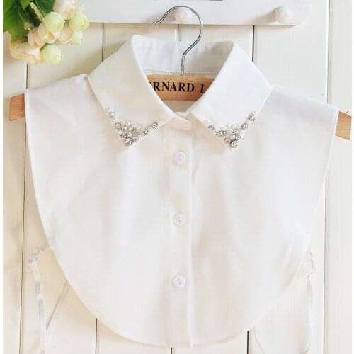 Linbaiway Women Shirt False Collar Bead Decoration Detachable Fake Collar V-neck Lapel Blouse Top Tie Clothes Accessories