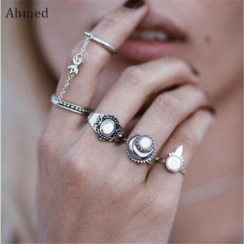 Ahmed Bohemian 5pcs/set Retro Synthetic Stone Tandem Chain Tail Ring Set For Women Fashion Ethnic Vintage Female Rings Gifts