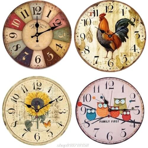 Retro Wooden Wall Clock Owl Rooster Vintage Rustic Non-Ticking Silent Quiet Home Office Kitchen Decor M10 21 Dropship