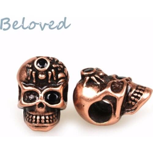 Punk Micro Paved Zirconia Head Skull Metal Charms Beads, Vintage Cubic CZ Mens Paracord Bracelet Making Spacer Beads BG18211