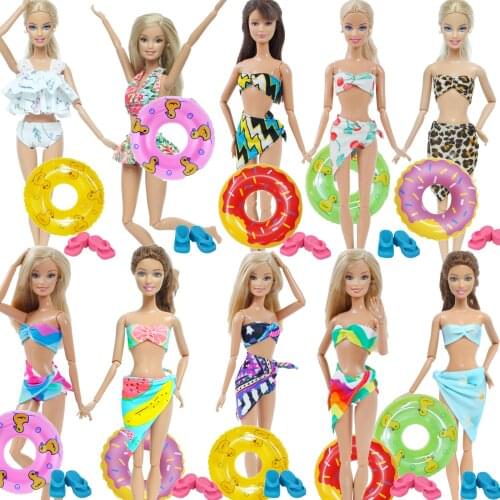 Handmade 3 PCS/Set Doll Swimsuit Bikini Underwear Beach Clothes + 1x Random Swim Ring + 1x Slippers for Barbie Doll Accessories