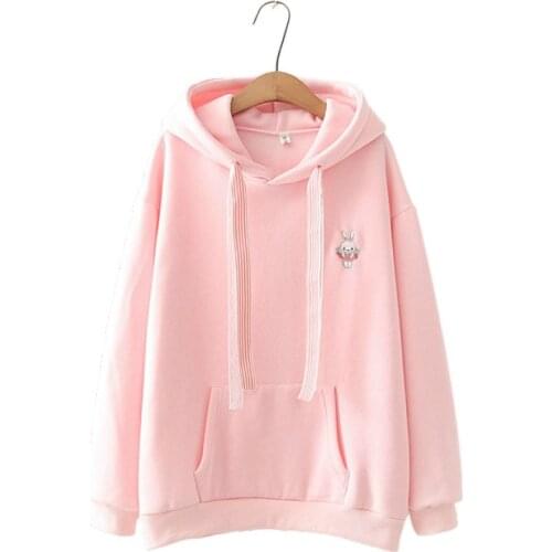 Harajuku Pink Cartoon Rabbit Embroidery Casual Cute Hooded Sweatshirt Women 2020 Winter Sweet Style Hoodies For Teen Girls Top