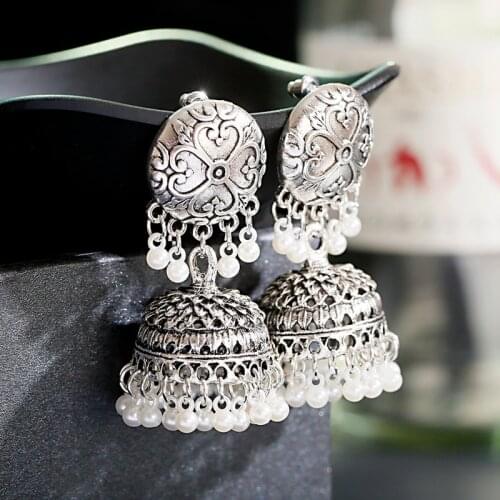 Retro Silver Color Bollywood Jhumka Earrings For Women Ethnic Bell Pearl Tassel Indian Dangle Earring Gypsy Jewelry