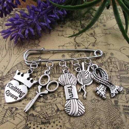 Knit Queen Knit Theme Silver Plated Charm Brooch Gift Birthday