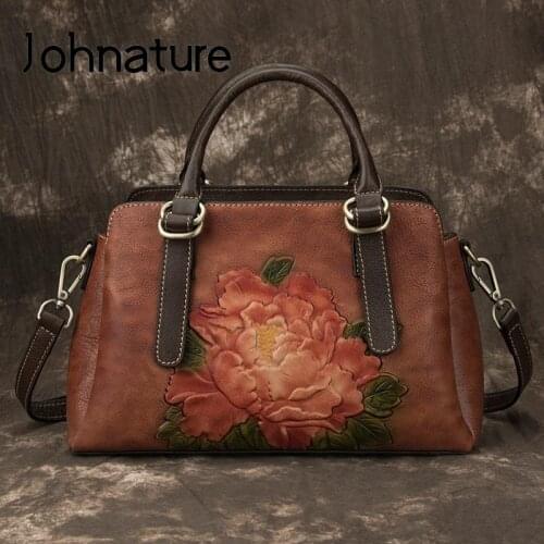 Johnature Genuine Leather Hand Embossing Handbag Retro Women Bag 2021 New High Quality Nature Cowhide Shoulder & Crossbody Bags