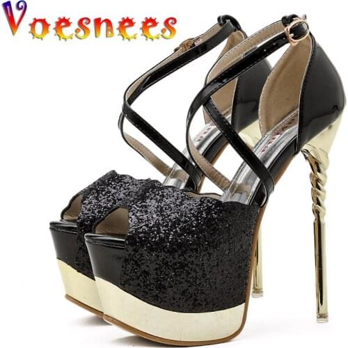 2021 Summer Gold Sandals Metal Sequins Super High Heels 16cm Fashion Platform Thin Heels Model Catwalk Show Shoes Pole Dance