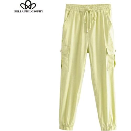 Bella Philosophy Pockets Solid Cargo Pants Women 2019 Fashion High Elastic Waist Drawstring Ankle Trousers Casual Pantalon Mujer