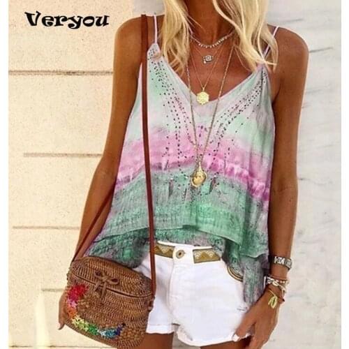 Womens Top Summer Casual Shirt 2021 Ladies Tshirt Loose Boho Print Tops Womens Sexy Sleeveless Suspender Top Womens Sexy Vest