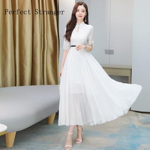 High Quality 2021 Summer Dress For Women Mandarin Collar Short Sleeve Women Chiffon Long Lace Chiffon Dress With Belt