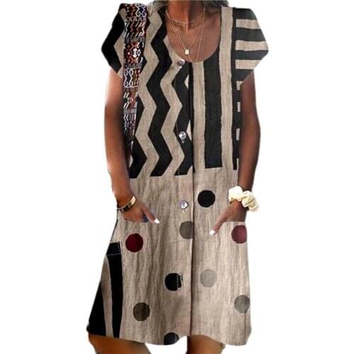 Vintage Women Dress O Neck Short Sleeve Dots Wavy Stripes Loose Knee-length Summer Dress vestido de mujer платье летнее женское