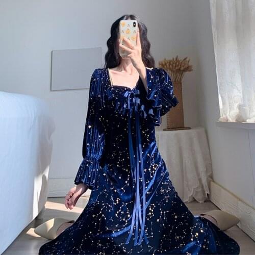 Korean 2021 Autumn Chic Vintage Party Dress Women Evening French Elegant Retro Dress Female Casual Long Sleeve Flroal Midi Dress