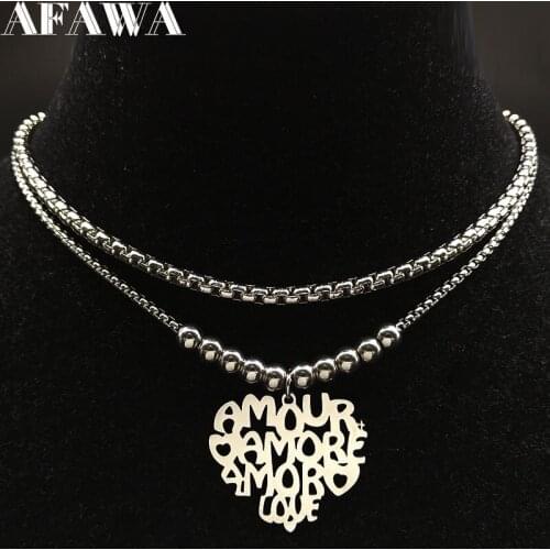 2021 Fashion Double Layer Bead Stainless Steel Necklace for Women Silver Color Love Heart Necklaces Jewelry cadenas mujer 77519B