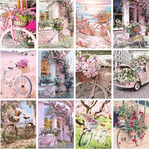 Diamond Painting Bicycle Full Square Diamond Embroidery Flower Pink Cross Stitch Mosaic Crafts Kit Home Decoration