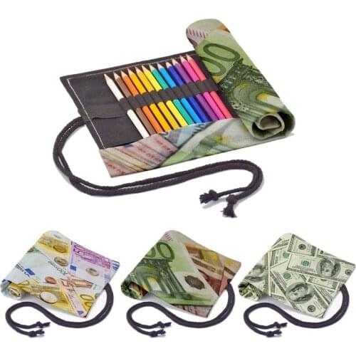 Dollar Bill Printed Roll Pen Bag For Student Fashion Creativity Drawing Arting Canvas School Supplies Pencil Case 12/24/36 Holes