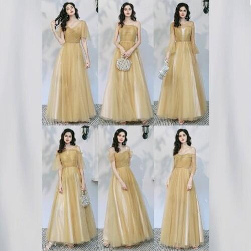 Bridesmaids Dresses Illusion Strapless Sleeveless A-Line Crystal Spaghetti Straps Tulle Lace Yellow Lady Wedding Party Gown E756