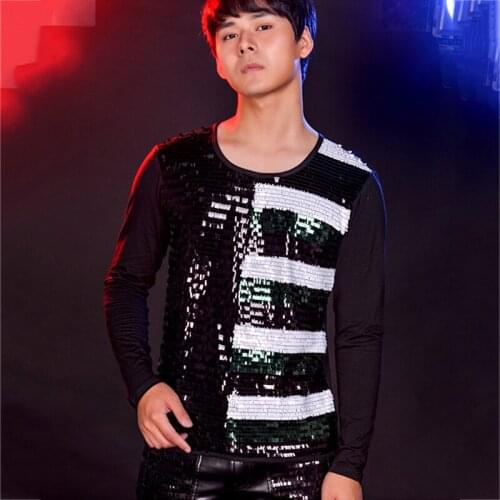 Jazz Dance Costumes Black Sequin Glitter Tops Men Rock Singer Bar Night Club Party Dj Ds Clothing Male Dancer Stage Wear DT823